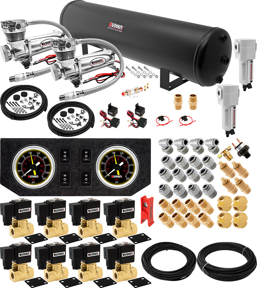 VIXEN AIR VXX3805GB/4852DCF AIR SUSPENSION KIT FOR TRUCK/CAR BAG/AIR RIDE/SPRING. ON BOARD SYSTEM, DUAL 200PSI COMPRESSOR, 5 GALLON TANK image 0