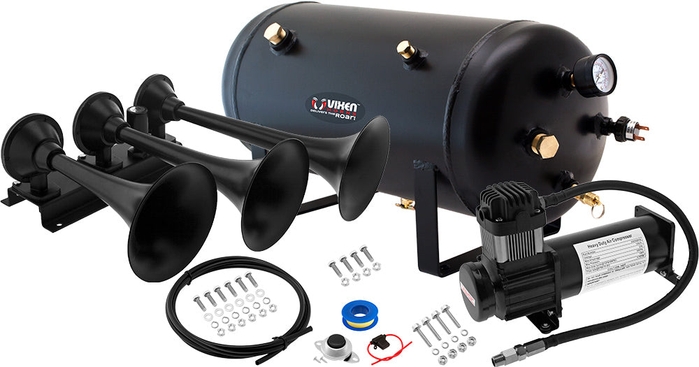 VIXEN HORNS VXO8350B/3418B TRIPLE TRUMPET TRAIN AIR HORN BLACK WITH 5 GALLON TANK AND 200 PSI COMPRESSOR image 0