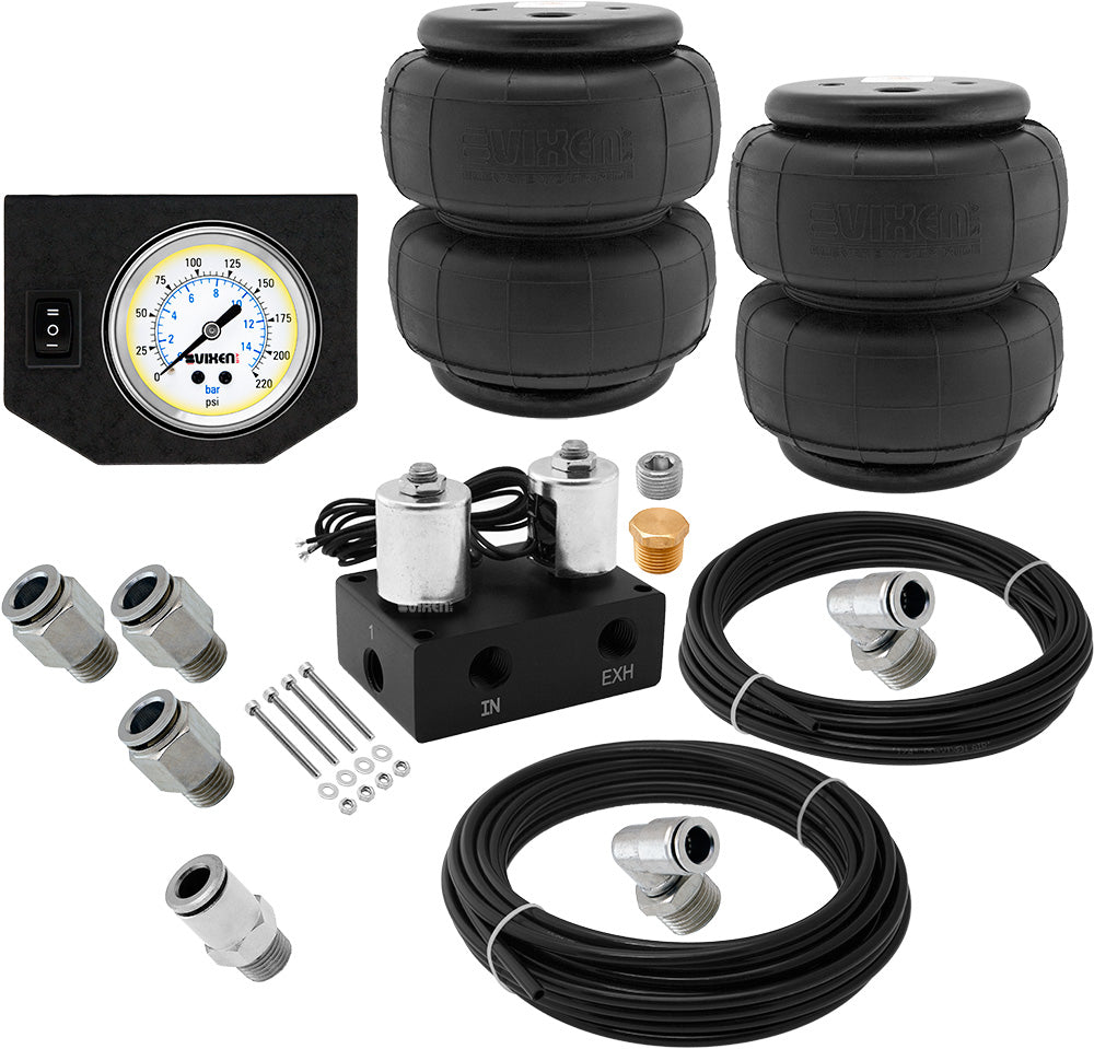 VIXEN AIR VXF1CM0126W 2 VALVE SUSPENSION MANIFOLD WITH TWO 2600 AIR SPRINGS, ONE SINGLE NEEDLE WHITE GAUGE PANEL, 3/8" OD HOSE 50 FT, 1/4" OD HOSE 35 FT AND FITTINGS image 0