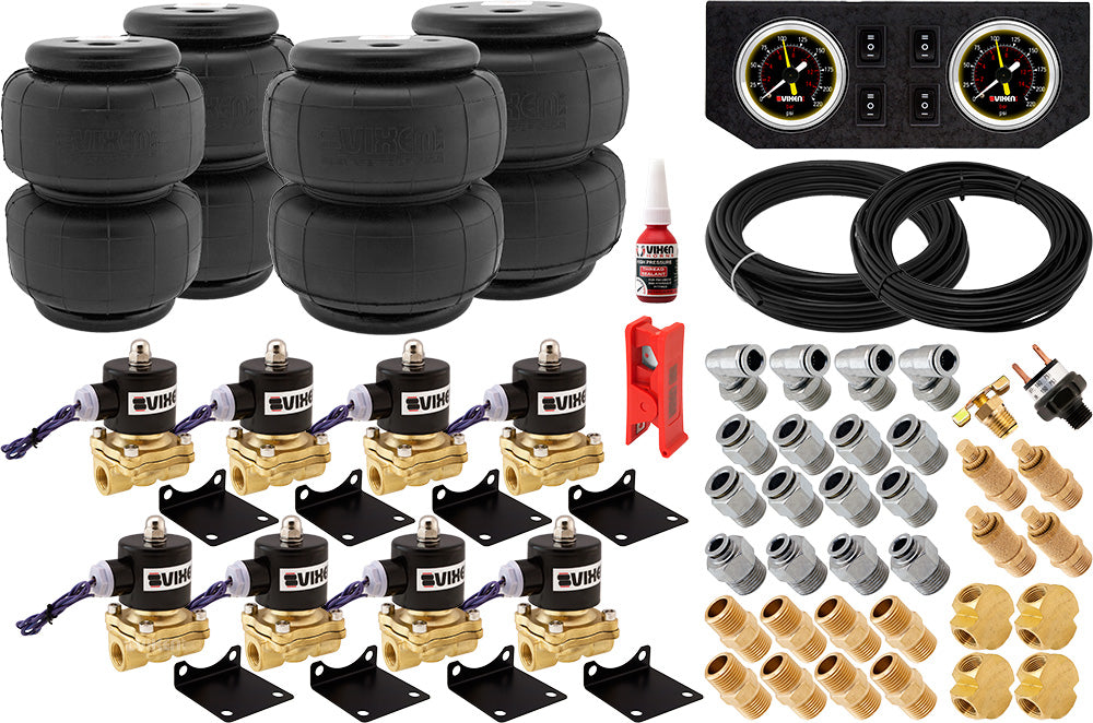 VIXEN AIR VXK3804PB 3/8" NPT AIR RIDE SUSPENSION HIGH FLOW AIR VALVES WITH FOUR AIR SPRINGS, PRESSURE SWITCH, GAUGE DASH PANEL, HOSES AND FITTINGS image 0