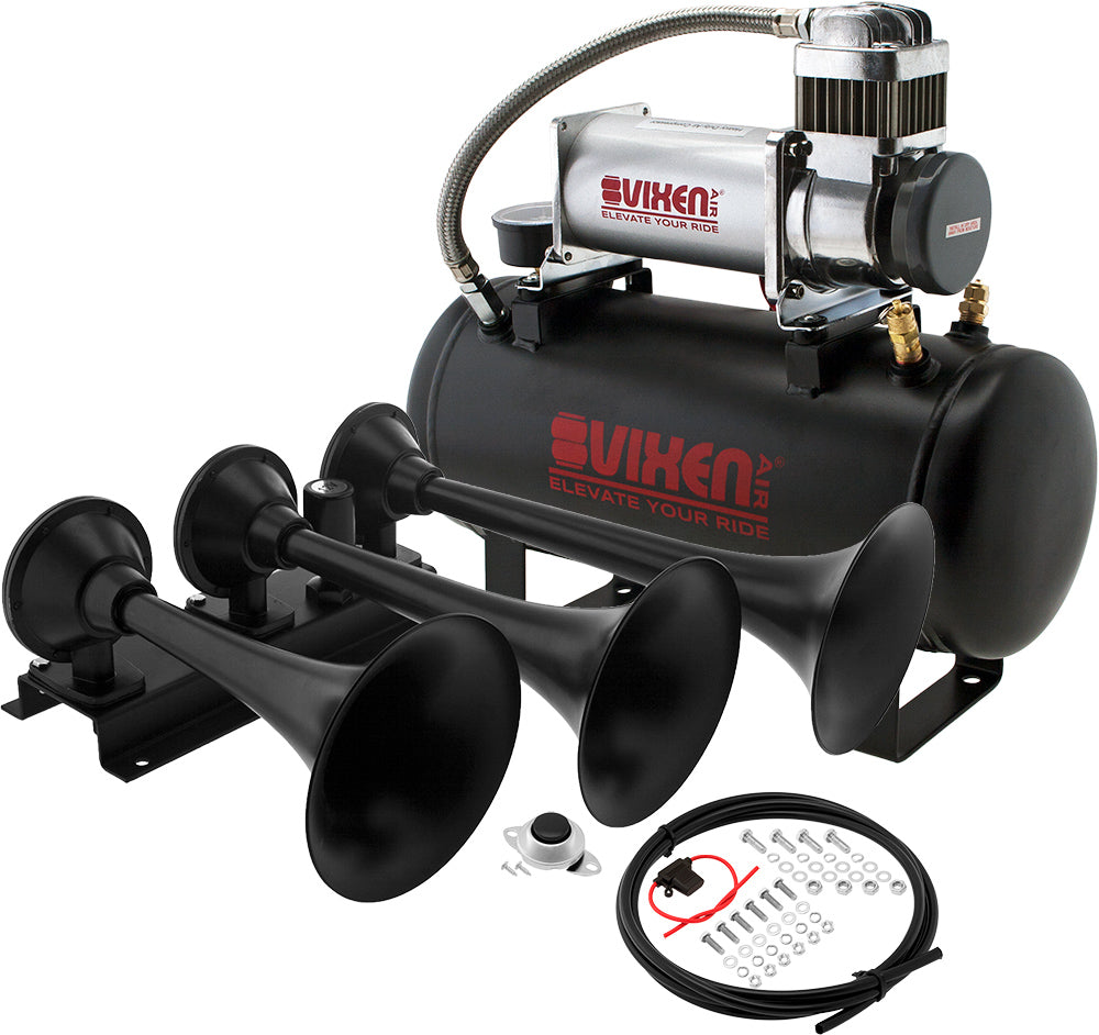 VIXEN HORNS VXO8560/3418B TRIPLE TRUMPET TRAIN AIR HORN BLACK WITH 2 GALLON TANK AND 150 PSI COMPRESSOR image 0