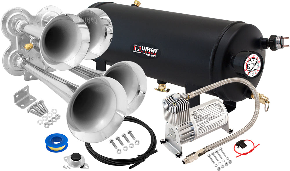 VIXEN HORNS VXO8715/4114 QUAD TRUMPET TRAIN AIR HORN CHROME PLATED WITH 1.5 GALLON TANK AND 150 PSI COMPRESSOR image 0