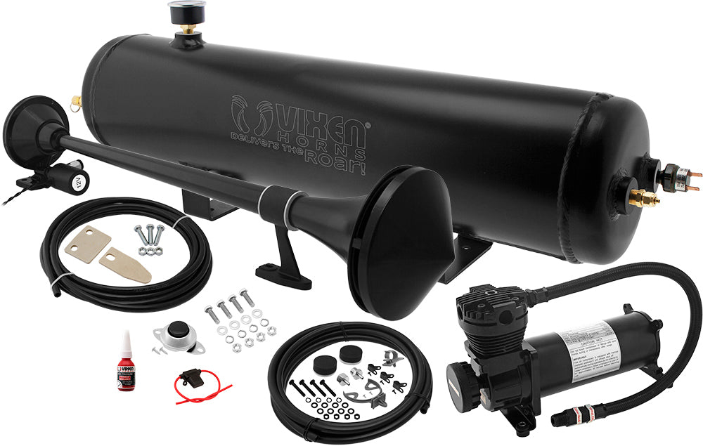 VIXEN HORNS VXO4830AB/1168B SINGLE TRUMPET TRAIN AIR HORN BLACK WITH 3 GALLON ALUMINUM TANK AND 200 PSI COMPRESSOR image 0