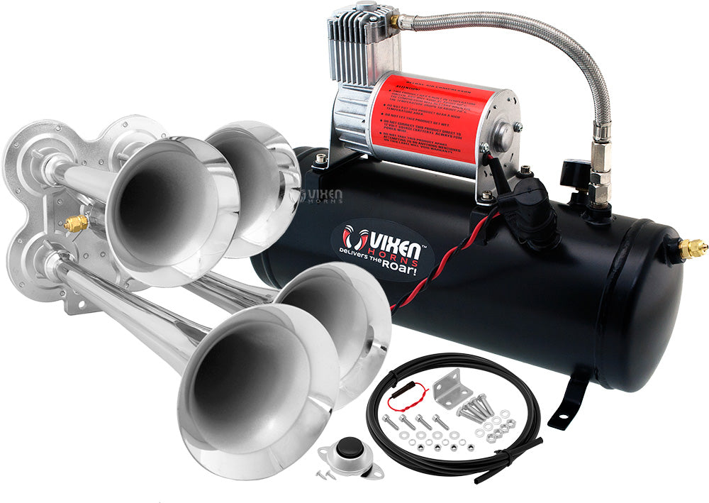 VIXEN HORNS VXO8530/4114 QUAD TRUMPET TRAIN AIR HORN CHROME PLATED WITH 1.5 GALLON TANK AND 150 PSI COMPRESSOR image 0