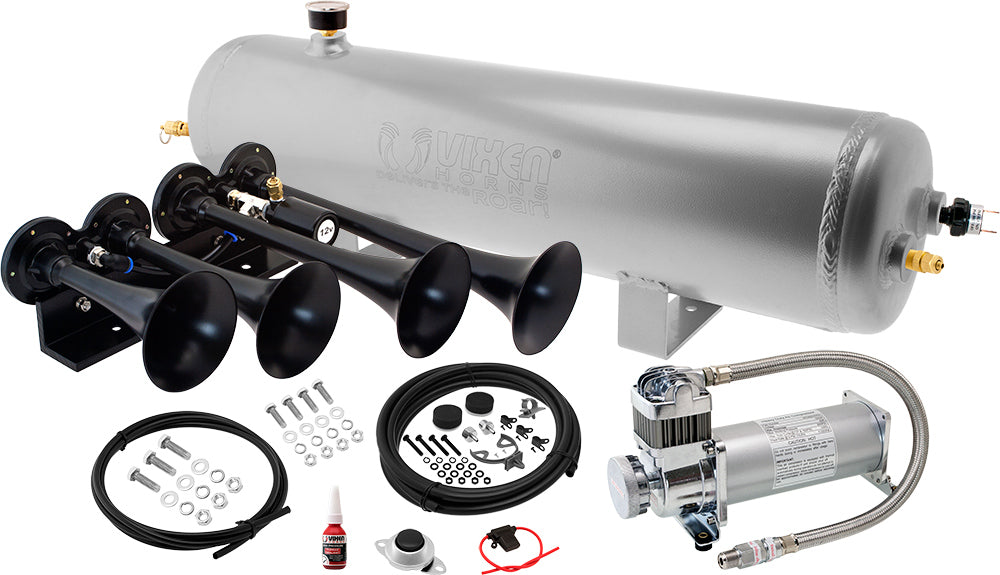 VIXEN HORNS VXO8330APRO/4124B QUAD TRUMPET TRAIN AIR HORN BLACK WITH 3 GALLON ALUMINUM TANK AND 200 PSI COMPRESSOR image 0