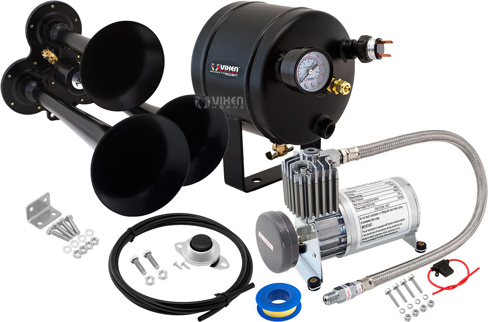 VIXEN HORNS VXO8805/3114B TRIPLE TRUMPET TRAIN AIR HORN BLACK WITH 0.5 GALLON TANK AND 150 PSI COMPRESSOR image 0