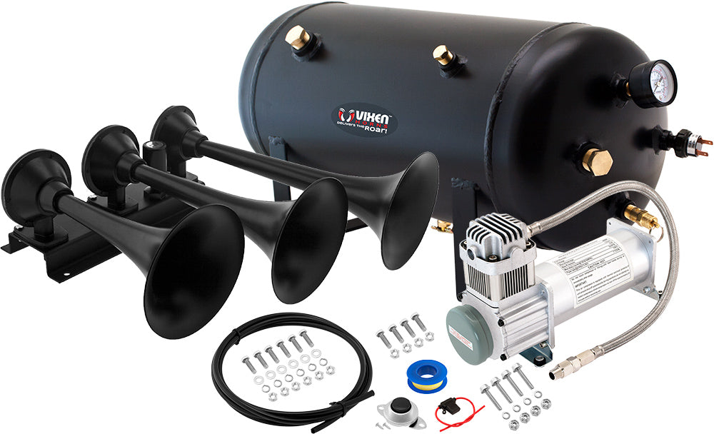 VIXEN HORNS VXO8350/3418B TRIPLE TRUMPET TRAIN AIR HORN BLACK WITH 5 GALLON TANK AND 200 PSI COMPRESSOR image 0