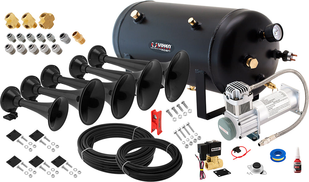VIXEN HORNS VXO8350/5901B QUINTUPLE TRUMPET ABS TRAIN AIR HORN BLACK WITH 5 GALLON TANK AND 200 PSI COMPRESSOR image 0