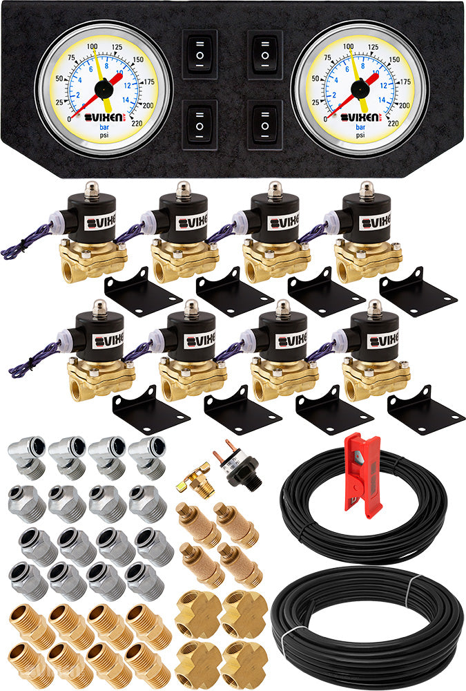 VIXEN AIR VXK1208GW 1/2" NPT AIR RIDE SUSPENSION HIGH FLOW AIR VALVES/SOLENOIDS 210 PSI FOUR CORNERS WITH DUAL WHITE GAUGE, FITTINGS AND HOSES image 0