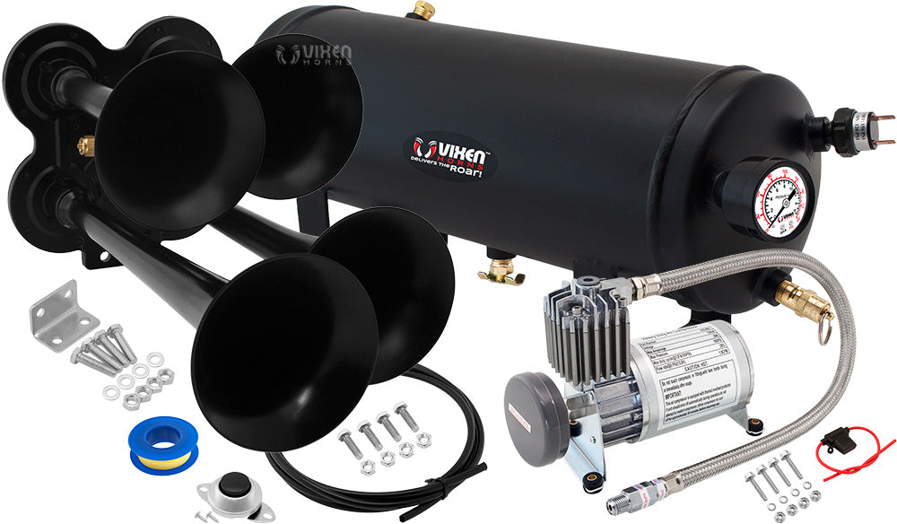 VIXEN HORNS VXO8815/4114B QUAD TRUMPET TRAIN AIR HORN BLACK WITH 1.5 GALLON TANK AND 150 PSI COMPRESSOR image 0