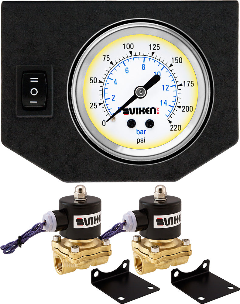 VIXEN AIR VXF0G2012W 1/2" NPT ELECTRIC AIR VALVE (SOLENOID) 210PSI 12V (2-PACK) WITH 1 SINGLE NEEDLE GAUGE/1 SWITCH DASH PANEL KIT WHITE image 0