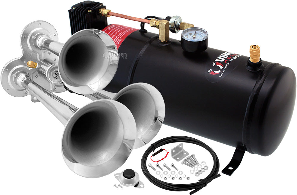 VIXEN HORNS VXO8210/3114 TRIPLE TRUMPET TRAIN AIR HORN CHROME PLATED WITH 1 GALLON TANK AND 150 PSI COMPRESSOR image 0