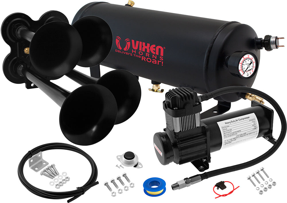 VIXEN HORNS VXO8315B/4114B QUAD TRUMPET TRAIN AIR HORN BLACK WITH 1.5 GALLON TANK AND 200 PSI COMPRESSOR image 0