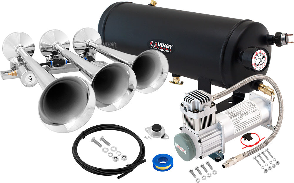 VIXEN HORNS VXO8315/3118 TRIPLE TRUMPET TRAIN AIR HORN CHROME PLATED WITH 1.5 GALLON TANK AND 200 PSI COMPRESSOR image 0