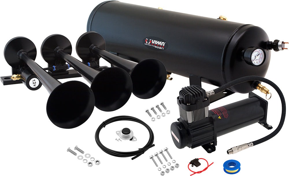 VIXEN HORNS VXO8330B/3118B TRIPLE TRUMPET TRAIN AIR HORN BLACK WITH 3 GALLON TANK AND 200 PSI COMPRESSOR image 0