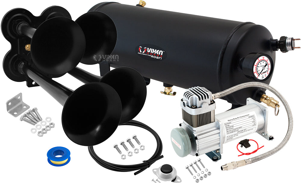 VIXEN HORNS VXO8115/4114B QUAD TRUMPET TRAIN AIR HORN BLACK WITH 1.5 GALLON TANK AND 150 PSI COMPRESSOR image 0