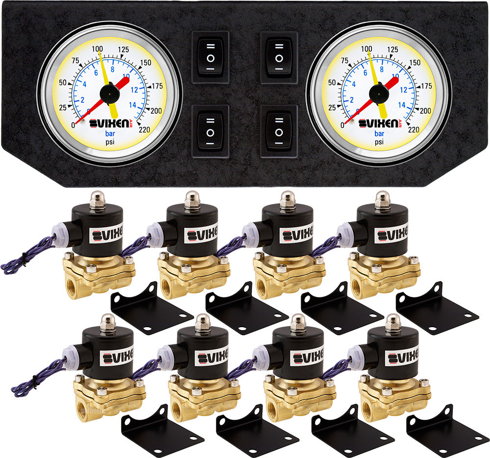 VIXEN AIR VXF2G2038W 3/8" NPT ELECTRIC AIR VALVE (SOLENOID) 210PSI 12V (8-PACK) WITH 2 DUAL NEEDLE GAUGES/4 SWITCH DASH PANEL KIT WHITE image 0