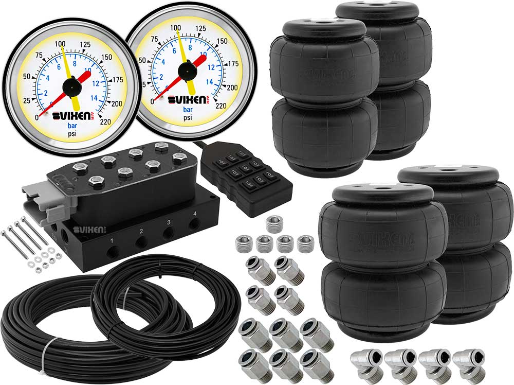 VIXEN AIR VXF4CM0125W 8 VALVE SUSPENSION MANIFOLD WITH FOUR AIR SPRINGS, TWO DUAL NEEDLE WHITE GAUGES, 3/8" OD HOSE 100 FT, 1/4" OD HOSE 50 FT AND FITTINGS image 0
