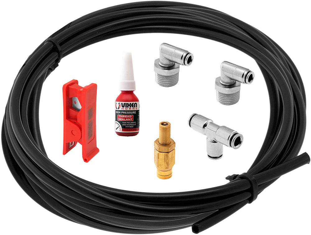 VIXEN AIR VXK9814 20 FEET 1/4" OD AIRLINE/HOSE REPLACEMENT KIT W/FITTINGS, SCHRADER VALVE, CUTTER AND THREAD SEALANT FOR SUSPENSION/AIR RIDE image 0