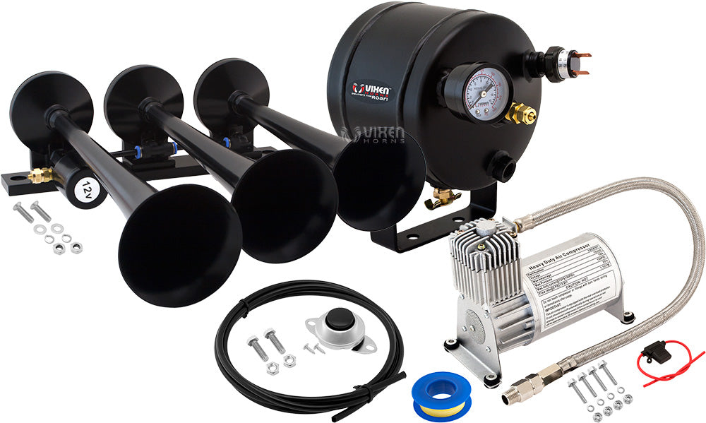 VIXEN HORNS VXO8705/3118B TRIPLE TRUMPET TRAIN AIR HORN BLACK WITH 0.5 GALLON TANK AND 150 PSI COMPRESSOR image 0
