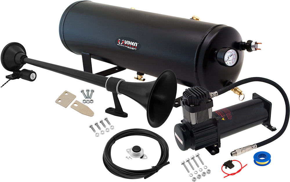 VIXEN HORNS VXO8330B/1164B SINGLE TRUMPET TRAIN AIR HORN BLACK WITH 3 GALLON TANK AND 200 PSI COMPRESSOR image 0