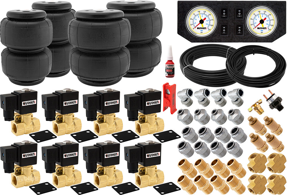 VIXEN AIR VXK1209PW 1/2" NPT AIR RIDE SUSPENSION HIGH FLOW AIR VALVES WITH FOUR AIR SPRINGS, PRESSURE SWITCH, GAUGE DASH PANEL, HOSES AND FITTINGS image 0