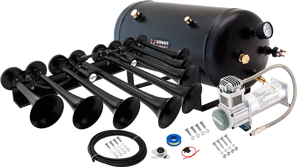 VIXEN HORNS OCTOPOD™ VXO8350/8124XB OCTO TRUMPET TRAIN AIR HORN BLACK WITH 5 GALLON TANK AND 200 PSI COMPRESSOR image 0