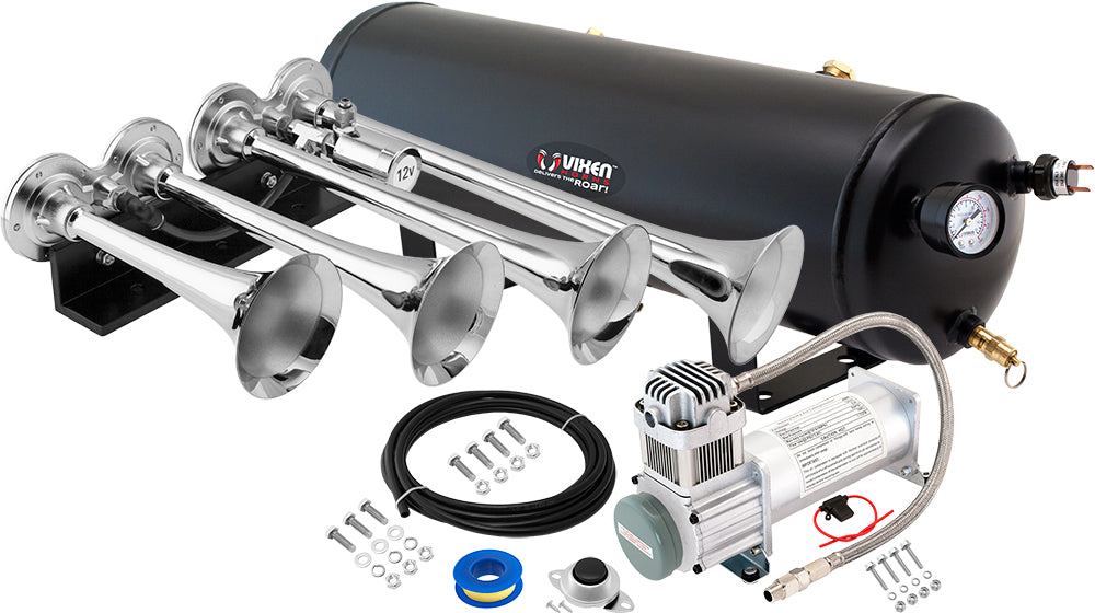VIXEN HORNS VXO8330/4124XC QUAD TRUMPET TRAIN AIR HORN CHROME PLATED WITH 3 GALLON TANK AND 200 PSI COMPRESSOR image 0