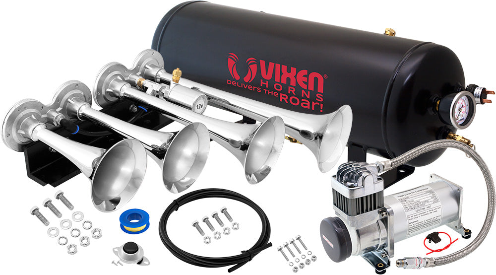 VIXEN HORNS VXO8325/4124C QUAD TRUMPET TRAIN AIR HORN CHROME PLATED WITH 2.5 GALLON TANK AND 200 PSI COMPRESSOR image 0