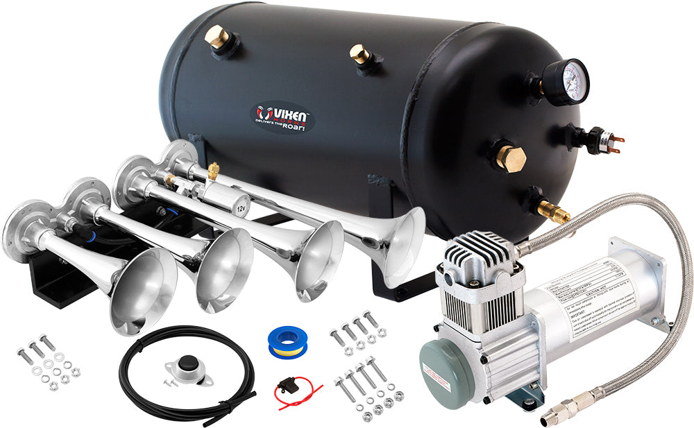 VIXEN HORNS VXO8350/4124C QUAD TRUMPET TRAIN AIR HORN CHROME PLATED WITH 5 GALLON TANK AND 200 PSI COMPRESSOR image 0