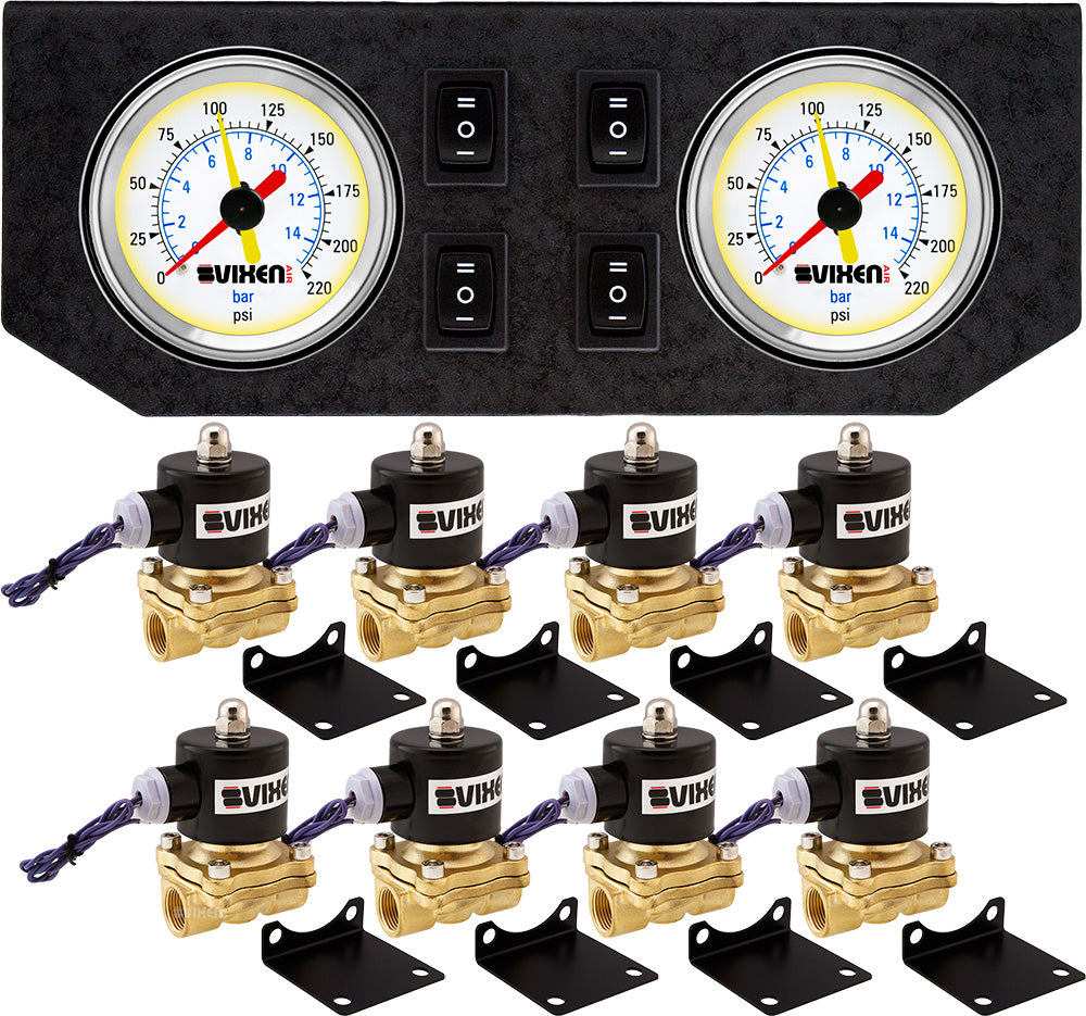 VIXEN AIR VXF2G2012W 1/2" NPT ELECTRIC AIR VALVE (SOLENOID) 210PSI 12V (8-PACK) WITH 2 DUAL NEEDLE GAUGES/4 SWITCH DASH PANEL KIT BLACK image 0