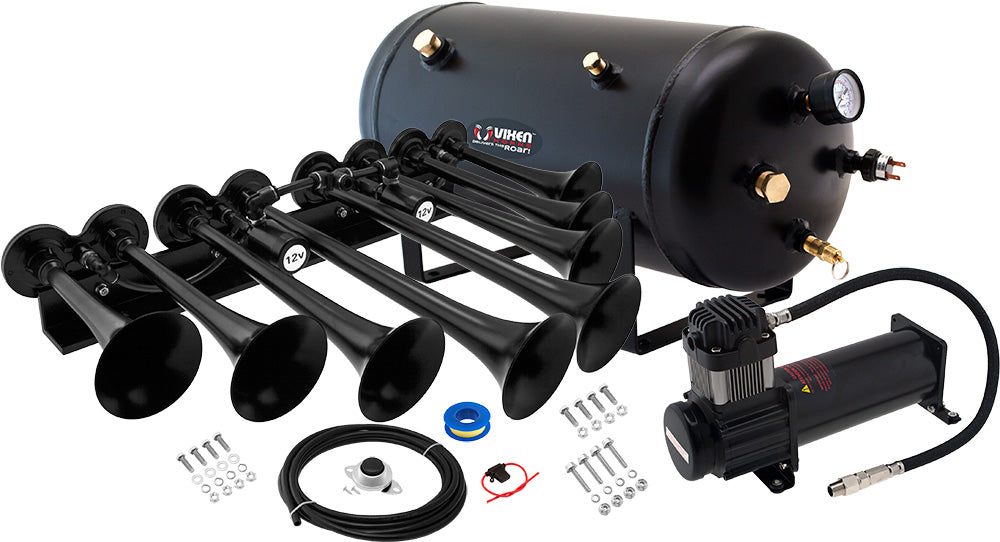 VIXEN HORNS OCTOPOD™ VXO8350B/8124XB OCTO TRUMPET TRAIN AIR HORN BLACK WITH 5 GALLON TANK AND 200 PSI COMPRESSOR image 0