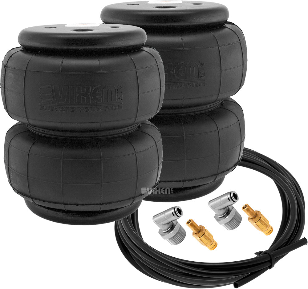 VIXEN AIR VXD2614SS 1/2" NPT SINGLE AIR PORT SUSPENSION AIR SPRING/AIR BAG WITH INTERNAL BUMP STOP DUAL PACK WITH FITTINGS, SCHRADER VALVES AND 20FT HOSE image 0
