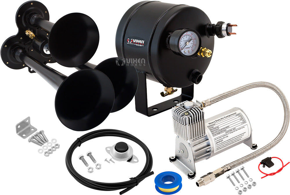 VIXEN HORNS VXO8705/3114B TRIPLE TRUMPET TRAIN AIR HORN BLACK WITH 0.5 GALLON TANK AND 150 PSI COMPRESSOR image 0