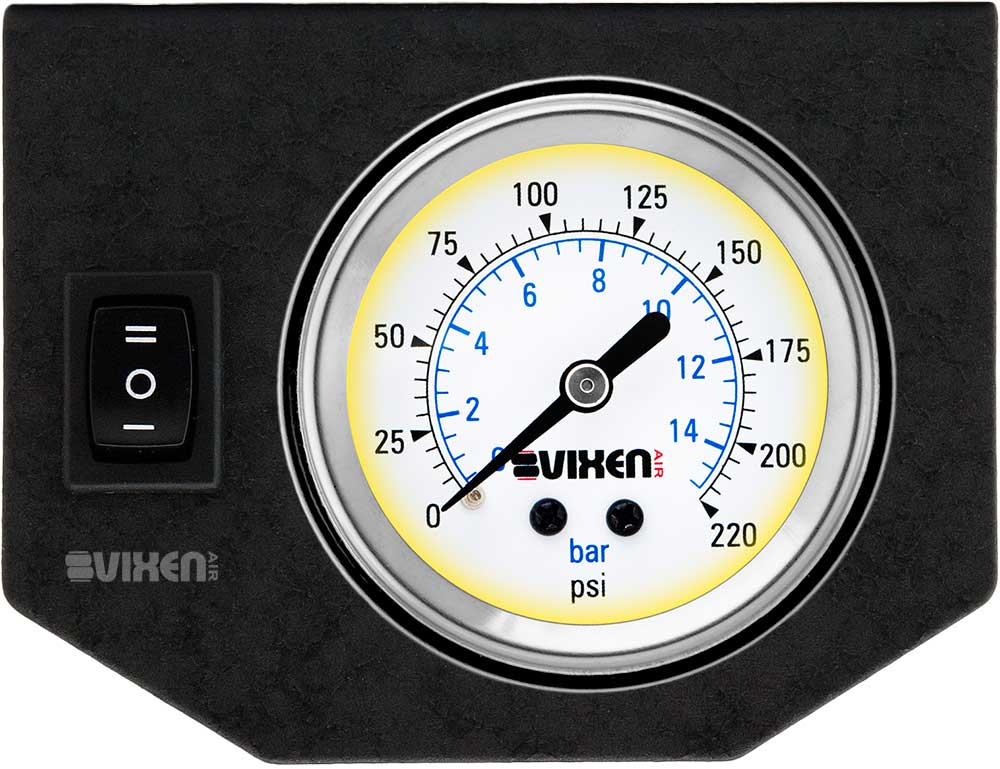 VIXEN AIR VXF1GP1RKW 2″ SINGLE NEEDLE AIR PRESSURE GAUGE METAL DASH PANEL WITH ONE SWITCH WHITE image 0