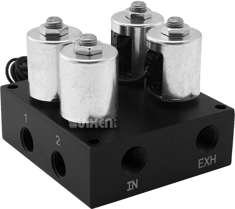 VIXEN AIR VXF2CM0126B 4 VALVE SUSPENSION MANIFOLD WITH TWO 2600 AIR SPRINGS, ONE DUAL NEEDLE BLACK GAUGE PANEL, 3/8" OD HOSE 50 FT, 1/4" OD HOSE 35 FT AND FITTINGS image 1