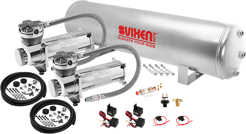 VIXEN AIR VXO4852GDC 5 GALLON STEEL AIR TANK SILVER WITH DUAL 200 PSI AIR COMPRESSOR ONBOARD AIR SYSTEM image 0