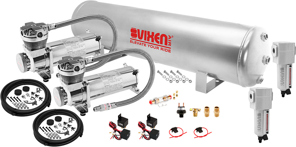 VIXEN AIR VXO4852GDCF 5 GALLON STEEL AIR TANK SILVER WITH DUAL 200 PSI AIR COMPRESSOR ONBOARD AIR SYSTEM image 0