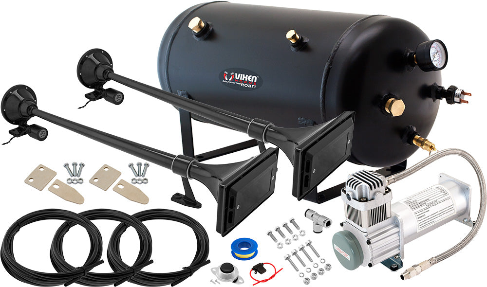 VIXEN HORNS VXO8350/1167B2 DUAL TRUMPET TRAIN AIR HORN BLACK WITH 5 GALLON TANK AND 200 PSI COMPRESSOR image 0