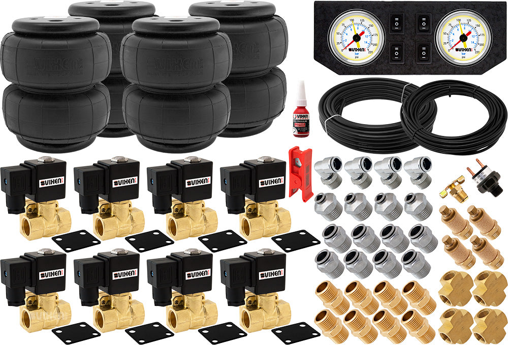 VIXEN AIR VXK1209FW 1/2" NPT AIR RIDE SUSPENSION HIGH FLOW AIR VALVES WITH FOUR AIR SPRINGS, PRESSURE SWITCH, GAUGE DASH PANEL, HOSES AND FITTINGS image 0