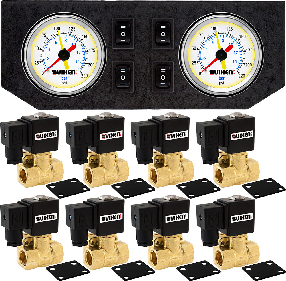 VIXEN AIR VXF2G4012W 1/2" NPT ELECTRIC AIR VALVE (SOLENOID) 250PSI 12V (8-PACK) WITH 2 DUAL NEEDLE GAUGES/4 SWITCH DASH PANEL KIT WHITE image 0