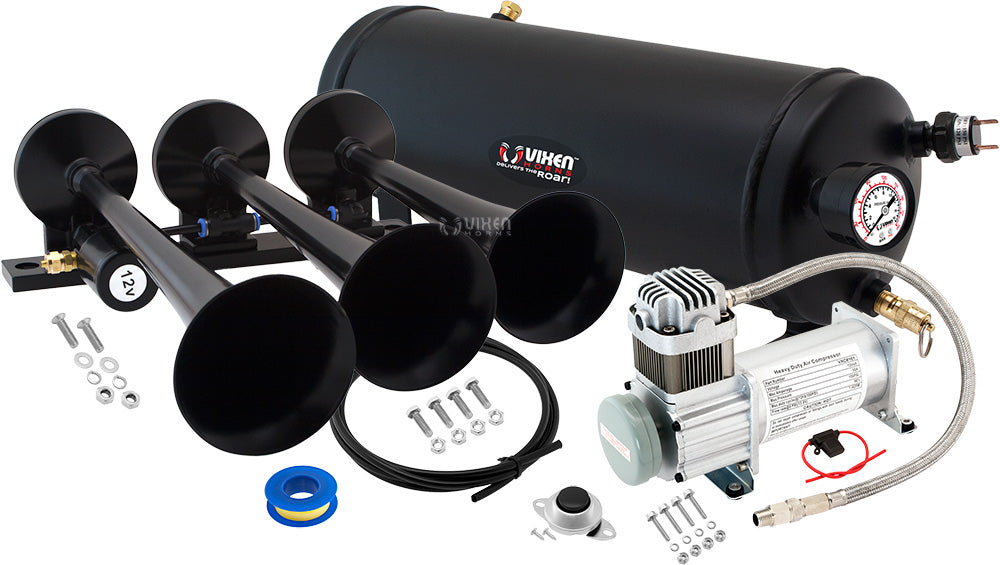 VIXEN HORNS VXO8115/3118B TRIPLE TRUMPET TRAIN AIR HORN BLACK WITH 1.5 GALLON TANK AND 150 PSI COMPRESSOR image 0