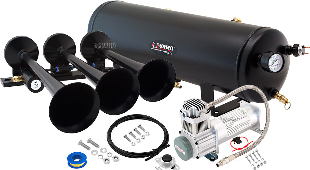 VIXEN HORNS VXO8330/3118B TRIPLE TRUMPET TRAIN AIR HORN BLACK WITH 3 GALLON TANK AND 200 PSI COMPRESSOR image 0