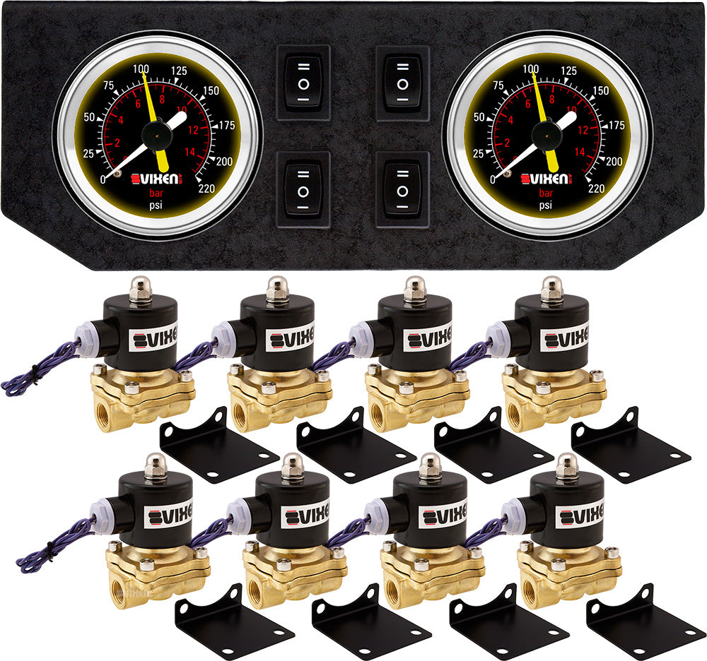 VIXEN AIR VXF2G2038B 3/8" NPT ELECTRIC AIR VALVE (SOLENOID) 210PSI 12V (8-PACK) WITH 2 DUAL NEEDLE GAUGES/4 SWITCH DASH PANEL KIT BLACK image 0