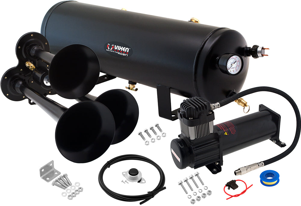 VIXEN HORNS VXO8330B/3114B TRIPLE TRUMPET TRAIN AIR HORN BLACK WITH 3 GALLON TANK AND 200 PSI COMPRESSOR image 0