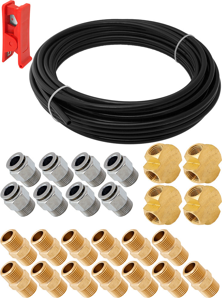 VIXEN AIR VXK3820H SET OF FITTINGS FOR EIGHT 3/8" NPT AIR VALVES WITH 50 FEET 3/8" OD AIR LINE AND HOSE CUTTER image 0