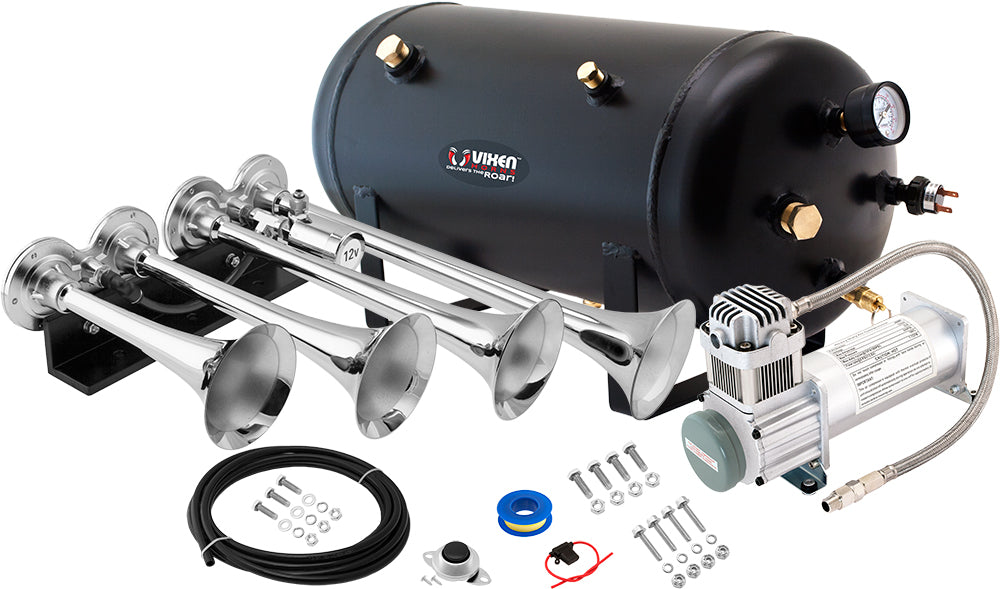 VIXEN HORNS VXO8350/4124XC QUAD TRUMPET TRAIN AIR HORN CHROME PLATED WITH 5 GALLON TANK AND 200 PSI COMPRESSOR image 0