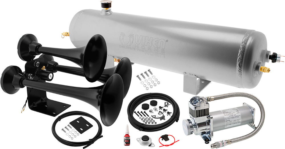VIXEN HORNS VXO8330APRO/3318B TRIPLE TRUMPET TRAIN AIR HORN BLACK WITH 3 GALLON ALUMINUM TANK AND 200 PSI COMPRESSOR image 0