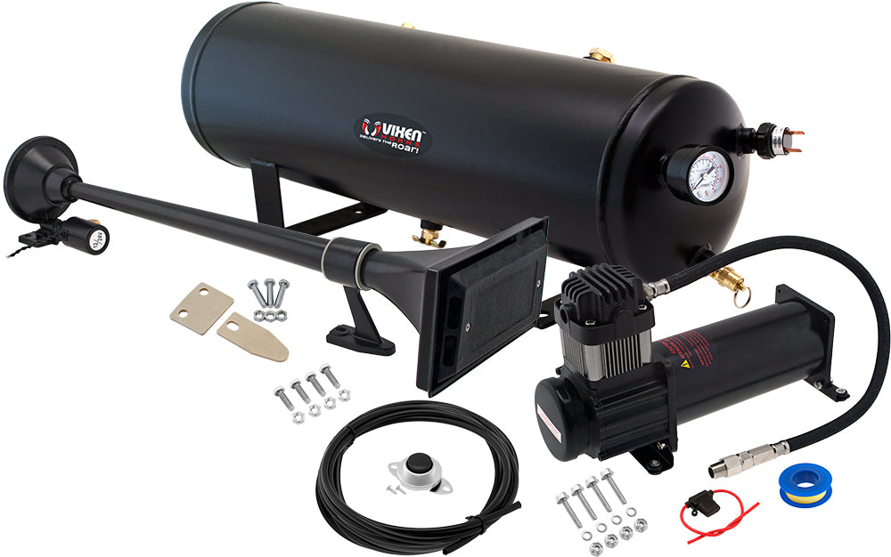 VIXEN HORNS VXO8330B/1264B SINGLE TRUMPET TRAIN AIR HORN BLACK WITH 3 GALLON TANK AND 200 PSI COMPRESSOR image 0