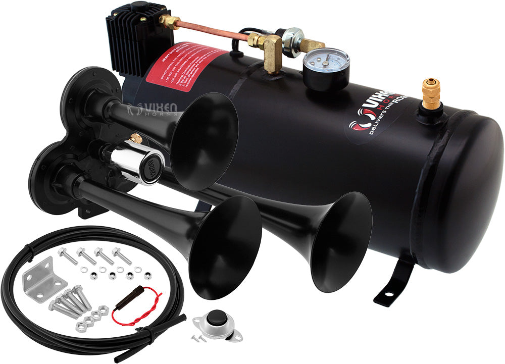 VIXEN HORNS VXO8210/3311B TRIPLE TRUMPET TRAIN AIR HORN BLACK WITH 1 GALLON TANK AND 150 PSI COMPRESSOR image 0